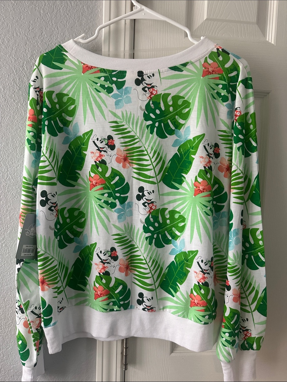 NWT Disney Green & White Tropical Mickey & Minnie Pullover Long Sleeve Shirt - Picture 2 of 5